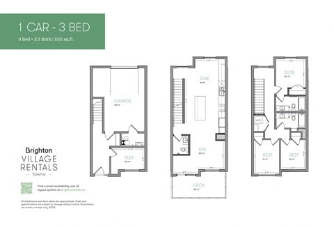 Floor plan for 3 beds, 2.5 baths, 1551 sqft